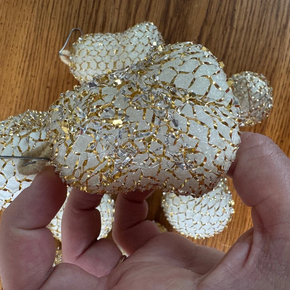 Set of 10 Vintage Glitter Mesh Sphere Bell Ornaments White Gold Christmas Decor‎